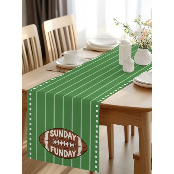 Burlap Table Runner 48 Inches Long, American Rugby Ball Non-Slip Kitchen Table Runners for Dining Room Everyday Use Party Table Decorations Green Background White Striped