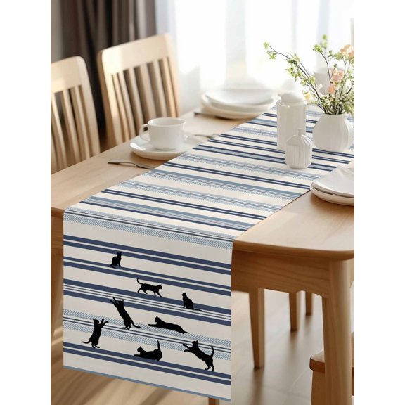 Burlap Table Runner 48 Inches Long, Black Cat Retro Stripes Lines Non-Slip Kitchen Table Runners for Dining Room Everyday Use Party Table Decorations Watercolor Striped