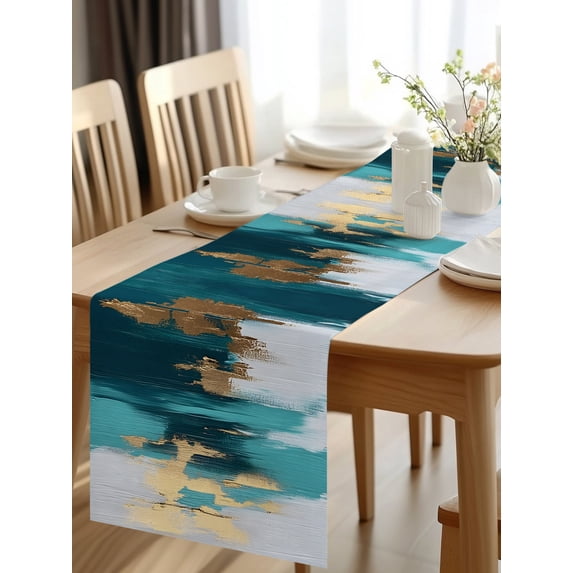 Burlap Table Runner 48 Inches Long, Blue Green Marble Texture Non-Slip ...