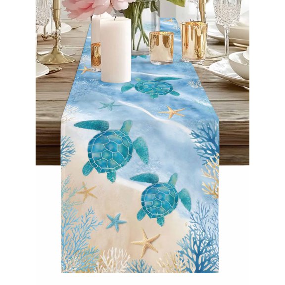 Burlap Table Runner 48 Inches Long, Blue Ocean Wave Sea Turtle Non-Slip Kitchen Table Runners for Dining Room Everyday Use Party Table Decorations Seaside Starfish Coral