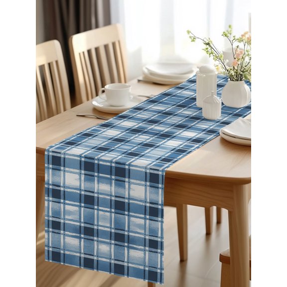 Burlap Table Runner 48 Inches Long, Blue Plaid Gradient Tartan Stripe Non-Slip Kitchen Table Runners for Dining Room Everyday Use Party Table Decorations Watercolor Mottled Abstract Art