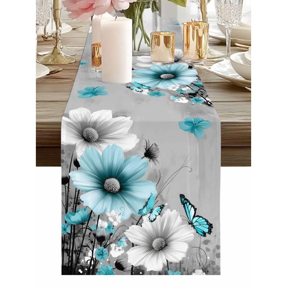 Burlap Table Runner 48 Inches Long, Blue White Daisy Butterfly Non-Slip Kitchen Table Runners for Dining Room Everyday Use Party Table Decorations Floral on Gray Background