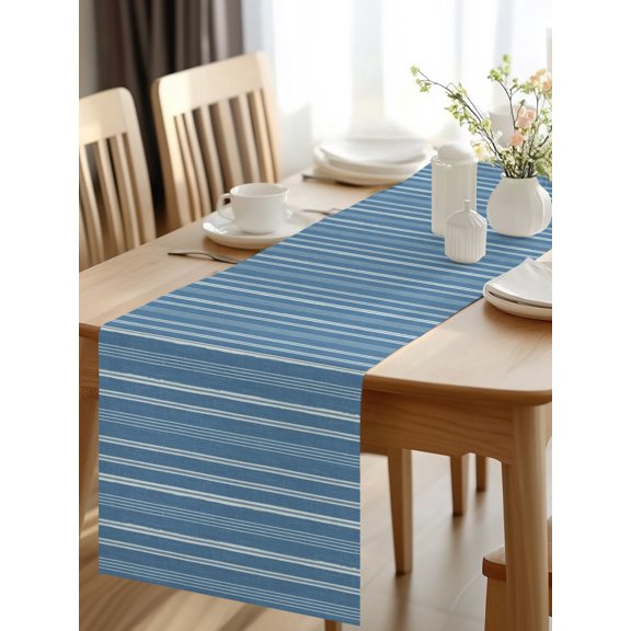 Burlap Table Runner 48 Inches Long, Blue White Vertical Stripes Non-Slip Kitchen Table Runners for Dining Room Everyday Use Party Table Decorations Pinstripe Pattern