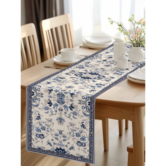 Burlap Table Runner 48 Inches Long, Bohemia Blue Flower Pattern on Beige Non-Slip Kitchen Table Runners for Dining Room Everyday Use Party Table Decorations Retro Abstract Art