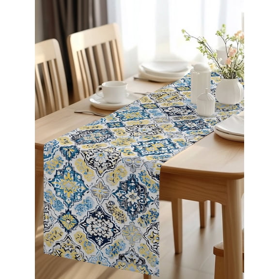 Burlap Table Runner 48 Inches Long, Bohemian Morocco Ethnic Style Non-Slip Kitchen Table Runners for Dining Room Everyday Use Party Table Decorations Vintage Texture Abstract Art