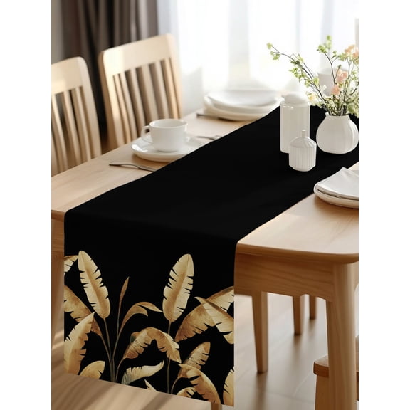 Burlap Table Runner 48 Inches Long, Botanical Golden Foliage on Black Non-Slip Kitchen Table Runners for Dining Room Everyday Use Party Table Decorations Tropical Palm Leaves