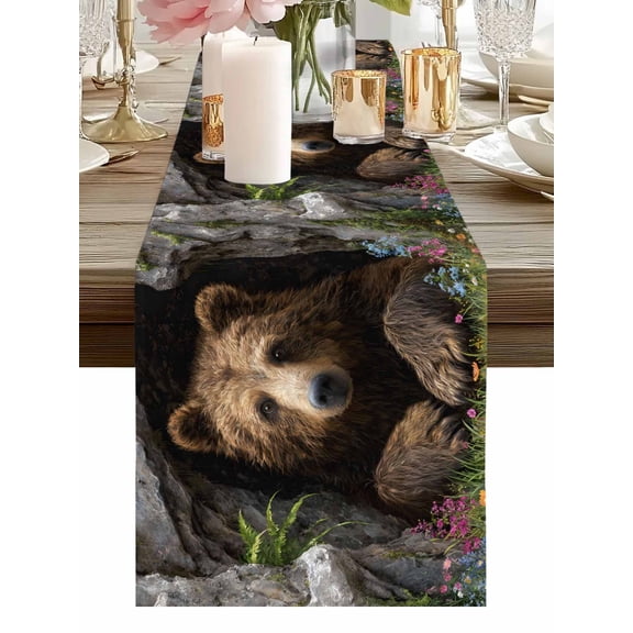 Burlap Table Runner 48 Inches Long, Brown Bear Rustic Wildflowers Cave Non-Slip Kitchen Table Runners for Dining Room Everyday Use Party Table Decorations Nature Animals