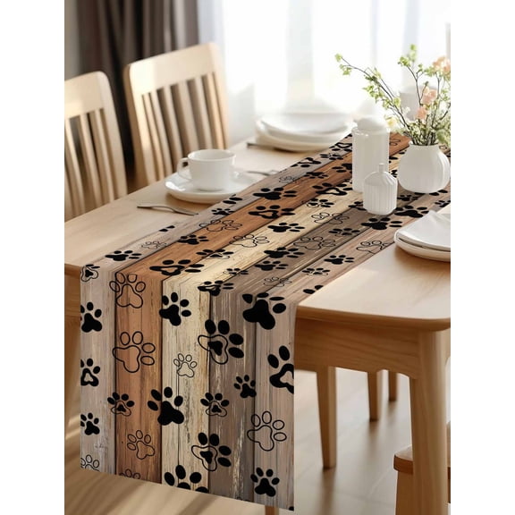 Burlap Table Runner 48 Inches Long, Brown Wooden Plank Dog Paw Non-Slip Kitchen Table Runners for Dining Room Everyday Use Party Table Decorations Farmhouse Retro Wood Board