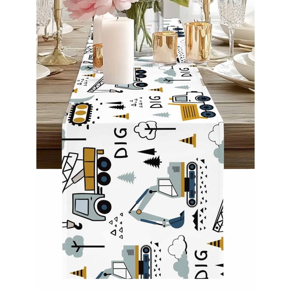 Burlap Table Runner 48 Inches Long, Bulletin Machine Crane Excavator Non-Slip Kitchen Table Runners for Dining Room Everyday Use Party Table Decorations Abstract Cars