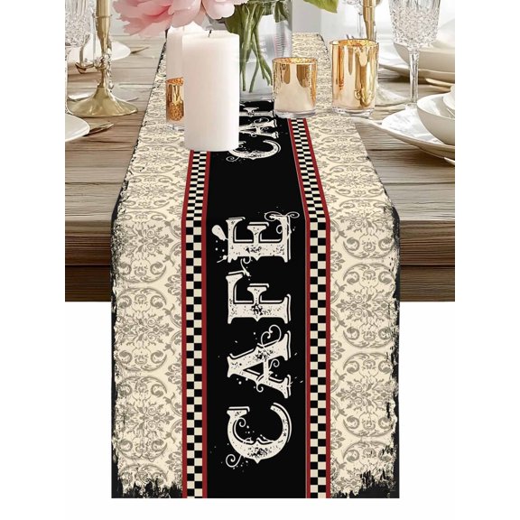 Burlap Table Runner 48 Inches Long, Cafe Words on Black Background Non-Slip Kitchen Table Runners for Dining Room Everyday Use Party Table Decorations Vintage Crown