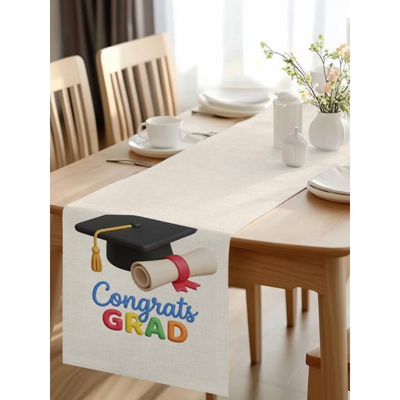 Burlap Table Runner 48 Inches Long, Cartoon Bachelor's Hat on Beige Non-Slip Kitchen Table Runners for Dining Room Everyday Use Party Table Decorations Congrats Grad Quote