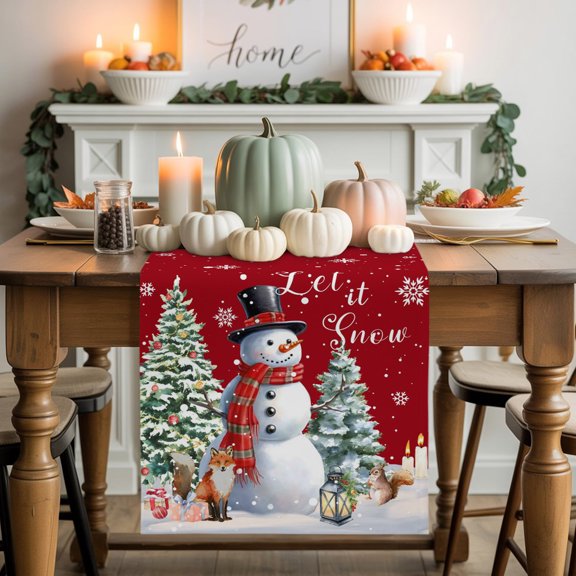Burlap Table Runner 48 Inches Long, Christmas Tree Snowman on Red Non-Slip Kitchen Table Runners for Dining Room Everyday Use Party Table Decorations Winter Snowflake Fox