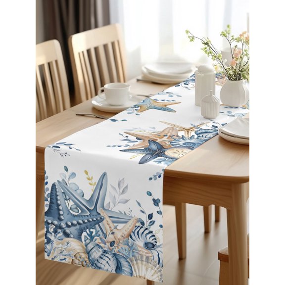 Burlap Table Runner 48 Inches Long, Coastal Blue Khaki Starfish Conch Non-Slip Kitchen Table Runners for Dining Room Everyday Use Party Table Decorations Rural Gradient Eucalyptus