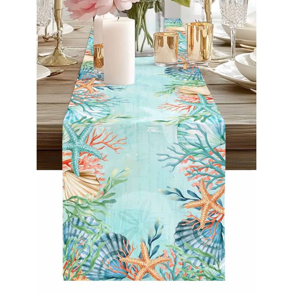 Burlap Table Runner 48 Inches Long, Coastal Ocean Starfish Coral Non-Slip Kitchen Table Runners for Dining Room Everyday Use Party Table Decorations Sea Shell Marine Life on Green