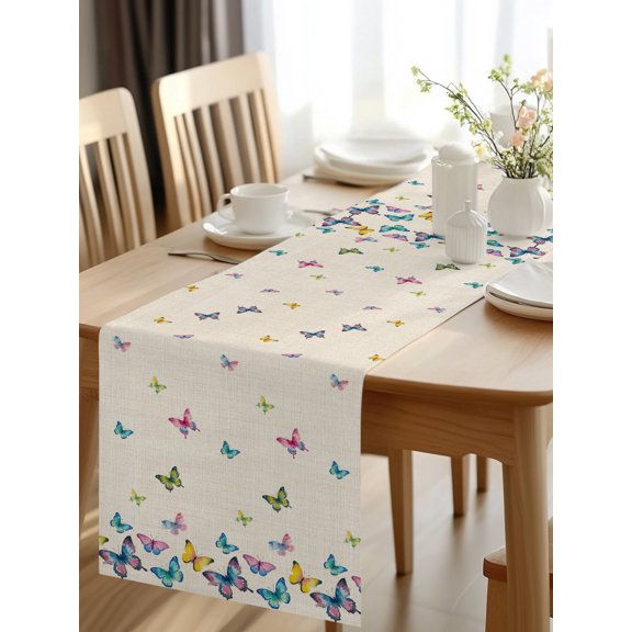 Burlap Table Runner 48 Inches Long, Colorful Butterfly Vintage Linen Non-Slip Kitchen Table Runners for Dining Room Everyday Use Party Table Decorations Farm Watercolor Butterflies