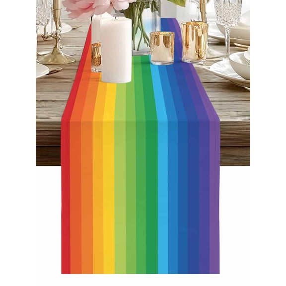 Burlap Table Runner 48 Inches Long, Colorful Stripes Gradient Art Non-Slip Kitchen Table Runners for Dining Room Everyday Use Party Table Decorations Modern Rainbow Texture