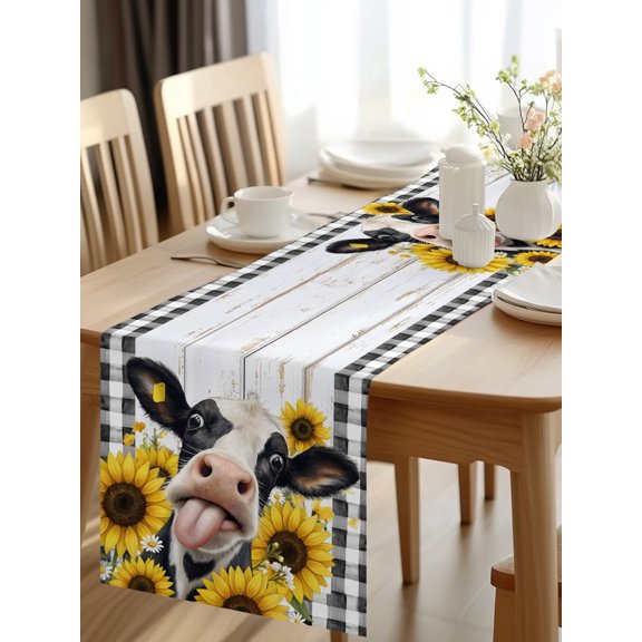 Burlap Table Runner 48 Inches Long, Country Abstract Cow Buffalo Check Non-Slip Kitchen Table Runners for Dining Room Everyday Use Party Table Decorations Farmhouse Flower Wood Board