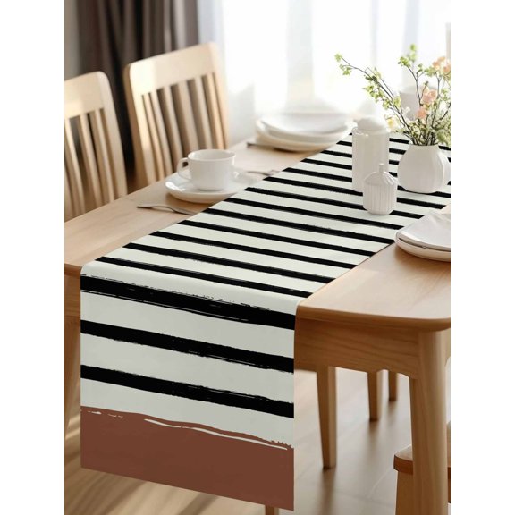 Burlap Table Runner 48 Inches Long, Country Black Stripe Brown Block Non-Slip Kitchen Table Runners for Dining Room Everyday Use Party Table Decorations Vintage Minimalist Style