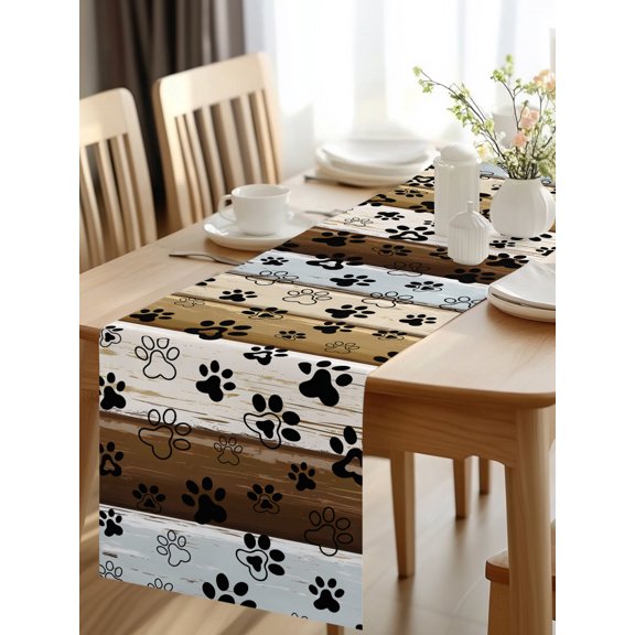 Burlap Table Runner 48 Inches Long, Cute Dog Paw Print Farm Wood Board Non-Slip Kitchen Table Runners for Dining Room Everyday Use Party Table Decorations Pet Footprints Shadow