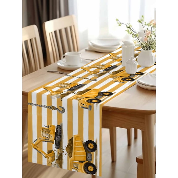Burlap Table Runner 48 Inches Long, Cute Mini Car Ground Truck Excavator Non-Slip Kitchen Table Runners for Dining Room Everyday Use Party Table Decorations Yellow Striped