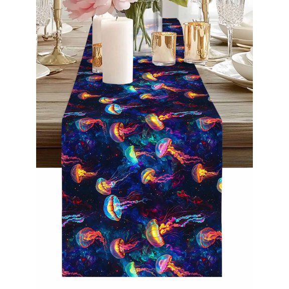 Burlap Table Runner 48 Inches Long, Deep Sea Dream Jellyfish Non-Slip Kitchen Table Runners for Dining Room Everyday Use Party Table Decorations Abstract Starry Sky