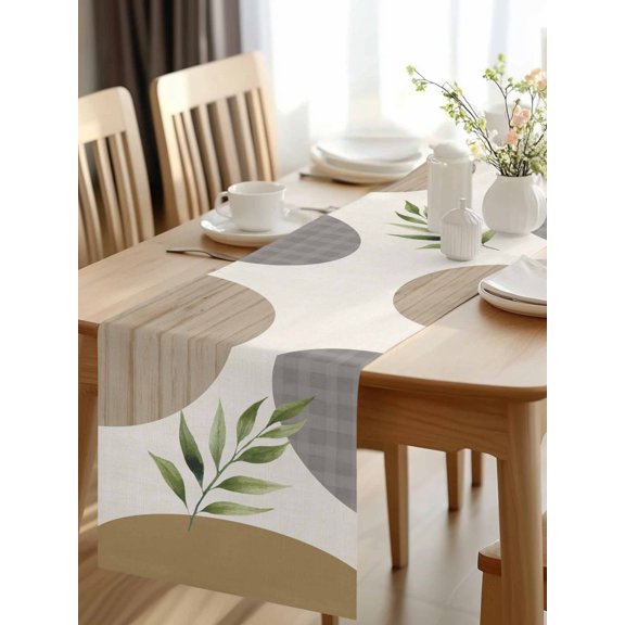 Burlap Table Runner 48 Inches Long, Delicate Leaf Branch Non-Slip Kitchen Table Runners for Dining Room Everyday Use Party Table Decorations Retro Muted Abstract Circles