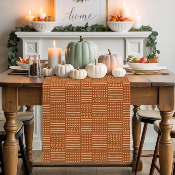 Burlap Table Runner 48 Inches Long, Fall Burnt Orange Plaid Stripe Non-Slip Kitchen Table Runners for Dining Room Everyday Use Party Table Decorations Modern Minimalist Style