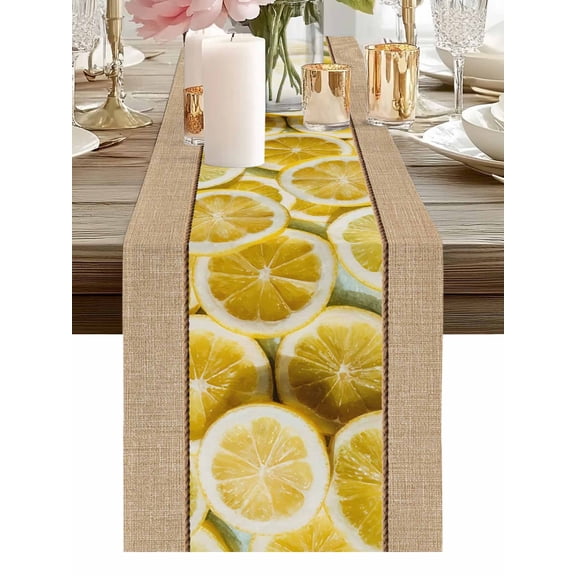 Burlap Table Runner 48 Inches Long, Farm Lemon Slices Close-up Non-Slip Kitchen Table Runners for Dining Room Everyday Use Party Table Decorations Rustic Retro Linen Burlap
