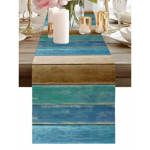 Burlap Table Runner 48 Inches Long, Farm Teal Wood Board Non-Slip Kitchen Table Runners for Dining Room Everyday Use Party Table Decorations Vintage Farmhouse Barn