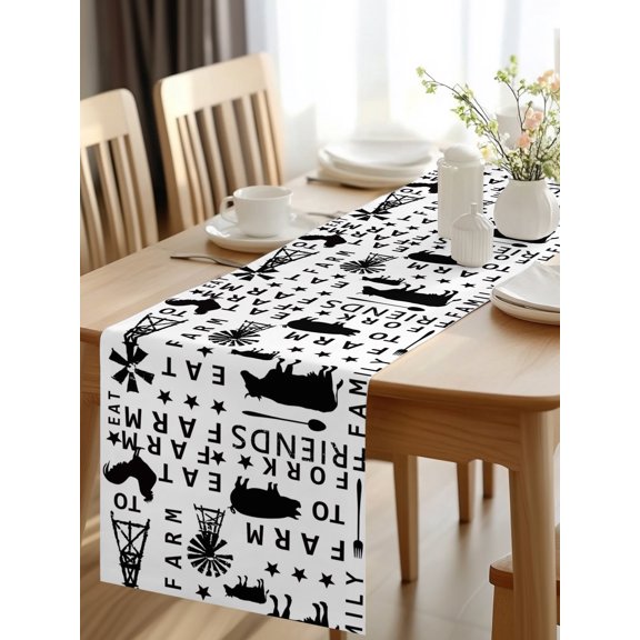 Burlap Table Runner 48 Inches Long, Farm Text Animal Silhouette Non-Slip Kitchen Table Runners for Dining Room Everyday Use Party Table Decorations Windmill Cow Pig Rooster Black White
