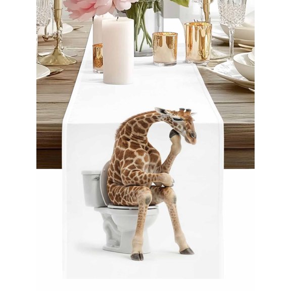 Burlap Table Runner 48 Inches Long, Farmhouse Giraffe on Toilet Non-Slip Kitchen Table Runners for Dining Room Everyday Use Party Table Decorations Abstract Funny Animal