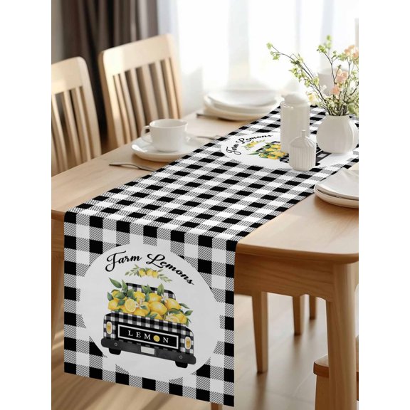 Burlap Table Runner 48 Inches Long, Farmhouse Plaid Truck Lemon Non-Slip Kitchen Table Runners for Dining Room Everyday Use Party Table Decorations Rustic Fruit Leaves Buffalo