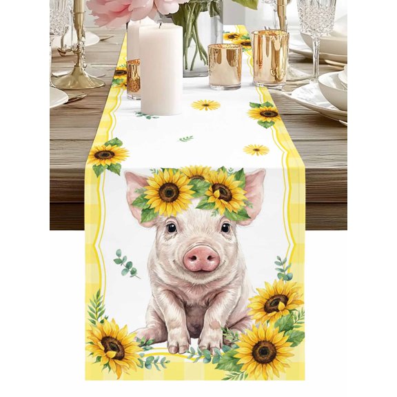Burlap Table Runner 48 Inches Long, Farmhouse Sunflower Pig Non-Slip Kitchen Table Runners for Dining Room Everyday Use Party Table Decorations Summer Yellow Theme Animal Plant