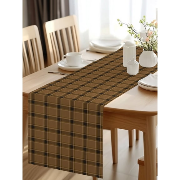 Burlap Table Runner 48 Inches Long, Farmhouse Vintage Brown Plaid Non-Slip Kitchen Table Runners for Dining Room Everyday Use Party Table Decorations Country Style