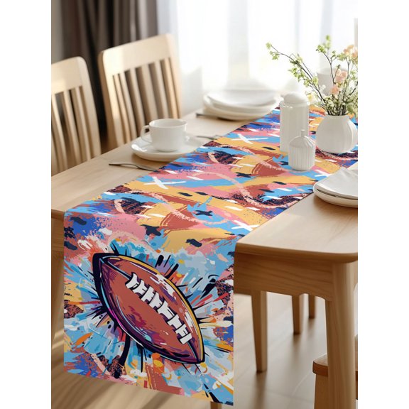 Burlap Table Runner 48 Inches Long, Football Abstract Graffiti Style Non-Slip Kitchen Table Runners for Dining Room Everyday Use Party Table Decorations Rugby Color Block Stripe Watercolor Art