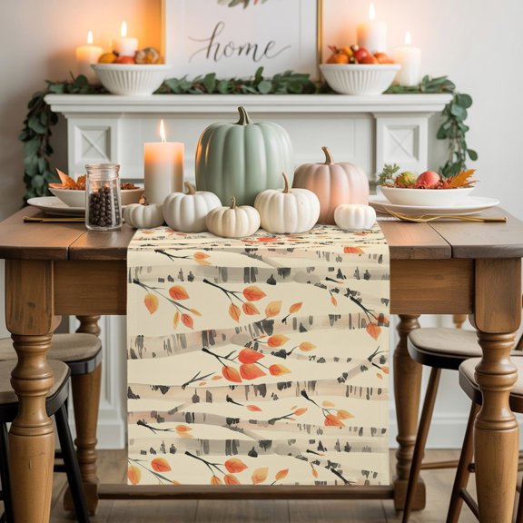 Burlap Table Runner 48 Inches Long, Forest Autumn Birch Trees Non-Slip Kitchen Table Runners for Dining Room Everyday Use Party Table Decorations Watercolor Orange Leaves Yellow
