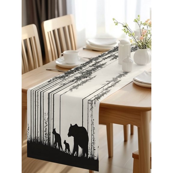 Burlap Table Runner 48 Inches Long, Forest Walking Bear Retro Family Silhouette Non-Slip Kitchen Table Runners for Dining Room Everyday Use Party Table Decorations Wildlife Animals