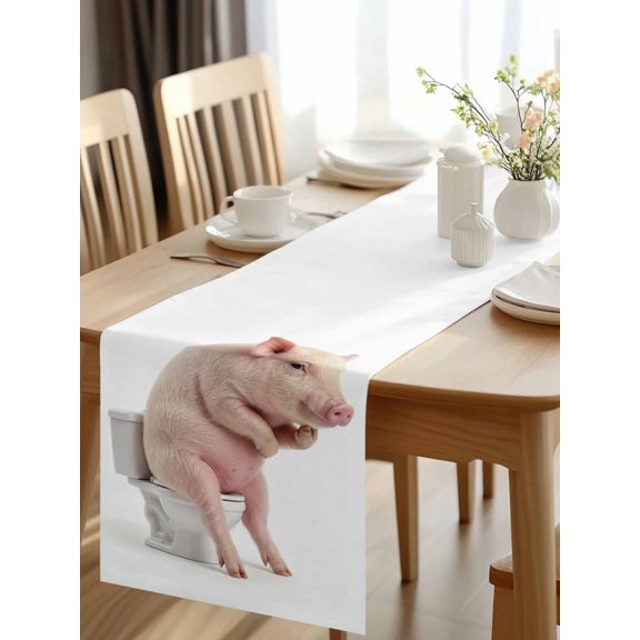 Burlap Table Runner 48 Inches Long, Funny Thinking Pigs Toilets Non-Slip Kitchen Table Runners for Dining Room Everyday Use Party Table Decorations Abstract Art Animals