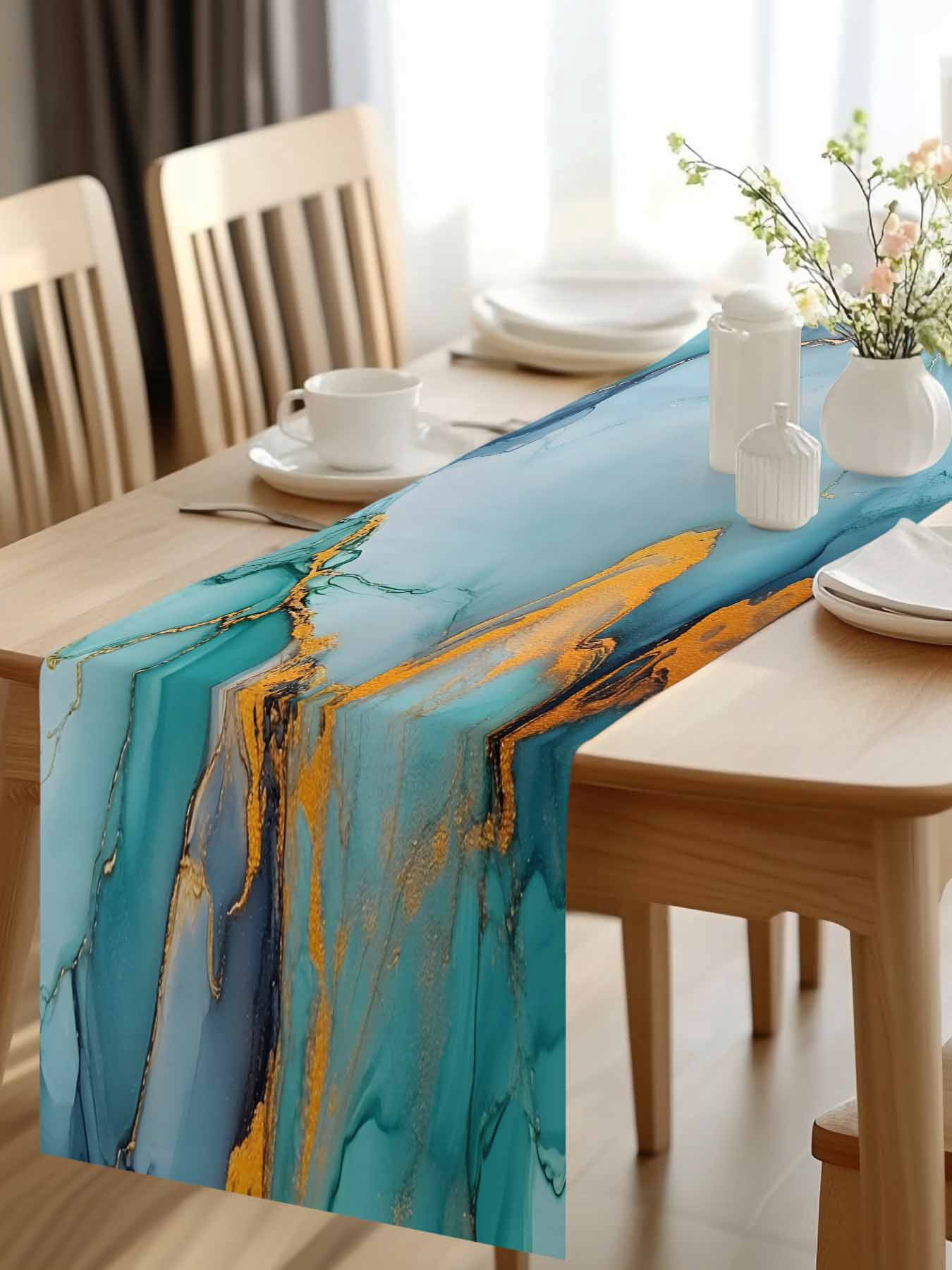 Burlap Table Runner 48 Inches Long, Gold Lines Turquoise Marble Texture ...