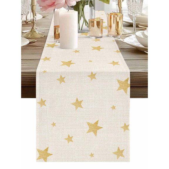 Burlap Table Runner 48 Inches Long, Gold Stars on Burlap Linen Non-Slip Kitchen Table Runners for Dining Room Everyday Use Party Table Decorations Seamless Shining Star