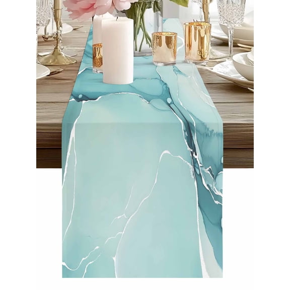 Burlap Table Runner 48 Inches Long, Gradient Marble Agate Stone Non-Slip Kitchen Table Runners for Dining Room Everyday Use Party Table Decorations Aqua White Ombre Lines