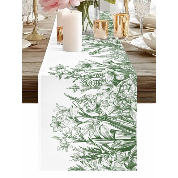 Burlap Table Runner 48 Inches Long, Green Flowers Iris Lavender Leaves Non-Slip Kitchen Table Runners for Dining Room Everyday Use Party Table Decorations Spring Botanical