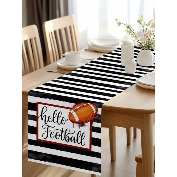 Burlap Table Runner 48 Inches Long, Hello Football Words Non-Slip Kitchen Table Runners for Dining Room Everyday Use Party Table Decorations White Black Line