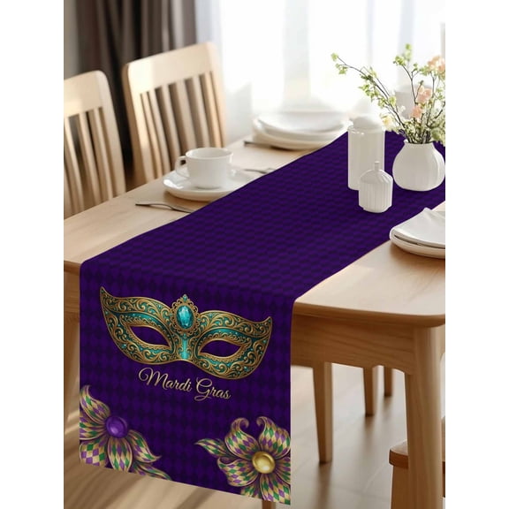 Burlap Table Runner 48 Inches Long, Mardi Gras Mask Purple Plaid Non-Slip Kitchen Table Runners for Dining Room Everyday Use Party Table Decorations Abstract Blossom Floral