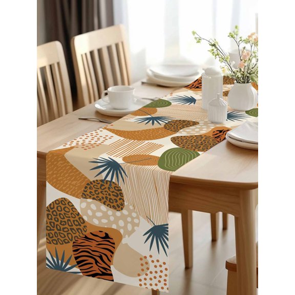 Burlap Table Runner 48 Inches Long, Mid Century Boho Leopard Stripe Color Block Non-Slip Kitchen Table Runners for Dining Room Everyday Use Party Table Decorations Abstract Leaf