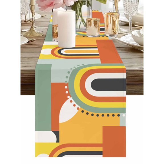 Burlap Table Runner 48 Inches Long, Middle Century Geometric Art Non-Slip Kitchen Table Runners for Dining Room Everyday Use Party Table Decorations Retro Nordic Abstract Arch