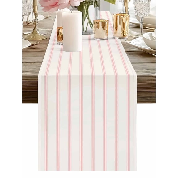 Burlap Table Runner 48 Inches Long, Minimalist Pink Stripe on Beige Non-Slip Kitchen Table Runners for Dining Room Everyday Use Party Table Decorations Modern Pinstripes Line Art