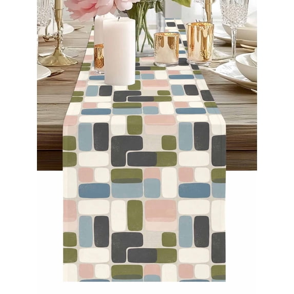 Burlap Table Runner 48 Inches Long, Modern Colorful Geometric Pattern Non-Slip Kitchen Table Runners for Dining Room Everyday Use Party Table Decorations Abstract Minimalist Style