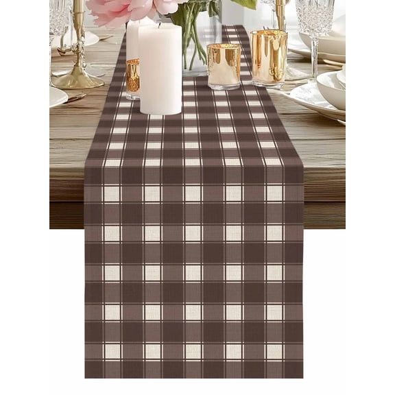 Burlap Table Runner 48 Inches Long, Modern Dark Brown Buffalo Plaid Non-Slip Kitchen Table Runners for Dining Room Everyday Use Party Table Decorations Abstract Minimalist Checkered
