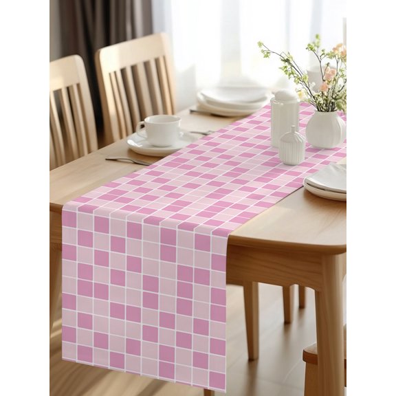 Burlap Table Runner 48 Inches Long, Modern Geometric Square Lattice Non-Slip Kitchen Table Runners for Dining Room Everyday Use Party Table Decorations Pink Buffalo Checker Ombre